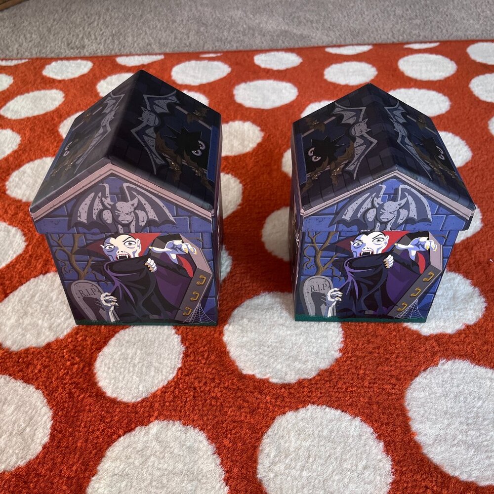 Two Halloween Dracula vampire skeleton crypt mausoleum spooky decorative box